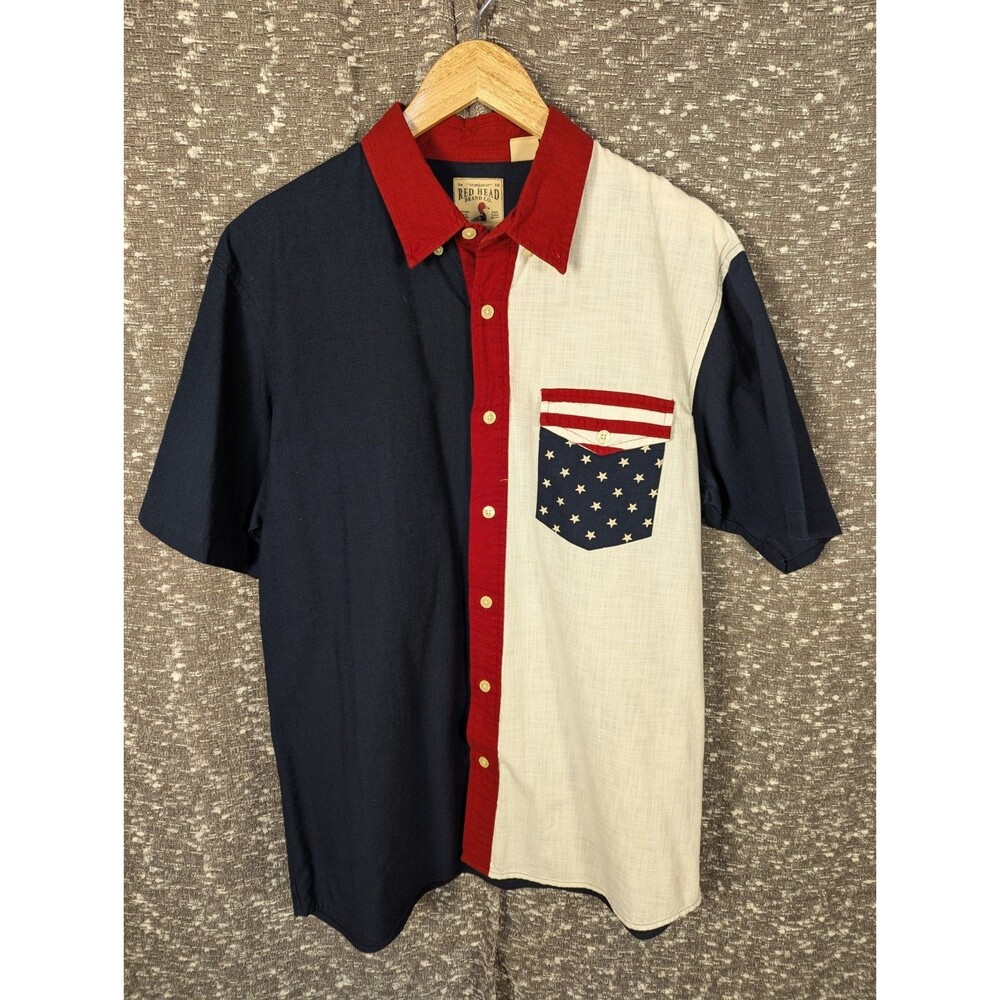Red Head Brand Co. Patriotic‎ Flag Short Sleeve Shirt Men's Large Red White Blue